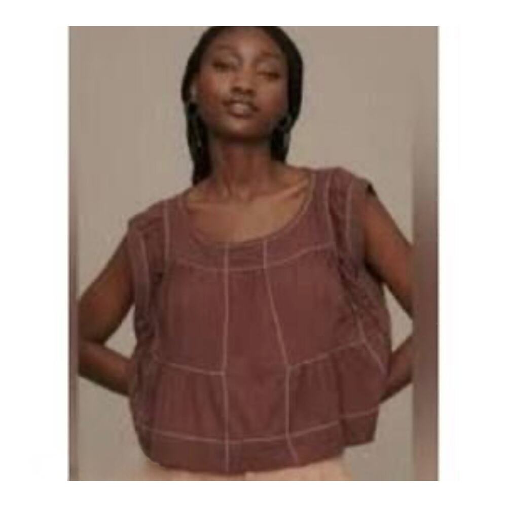 Anthropologie Brown Cap-Sleeve Babydoll Blouse Small Boho Cotton Swing Crop Top